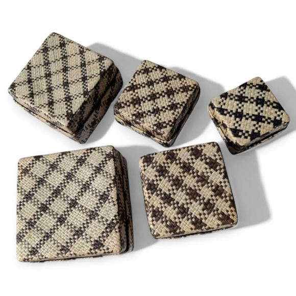 NESTED Vintage Baskets 5PC Set Boho Square Storage Brown Natural Tan - Picture 9 of 10